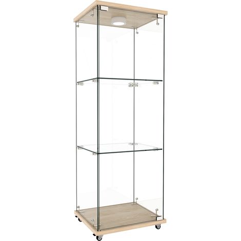 Vitrine en verre trempé avec éclairage LED, 1 porte, 3 niveaux, design effet bois nature H120 x L42,5 x P36,5 cm (1/5)