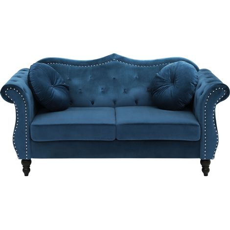 Beliani – Canapé droit 2 places en velours bleu – Style Chesterfield glamour – Accoudoirs arrondis – Rembourrage en mousse – Dimensions 165x83cm (1/5)