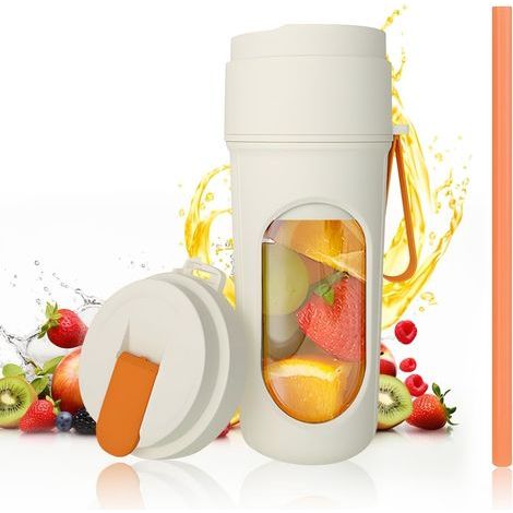 Mini licuadora para batidos, 450 ml, vaso portátil para batidos con pequeña licuadora, tapa de viaje, recargable por USB, licuadora portátil con 12 cuchillas, libre de BPA, para cocina, oficina (Beige (1/4)