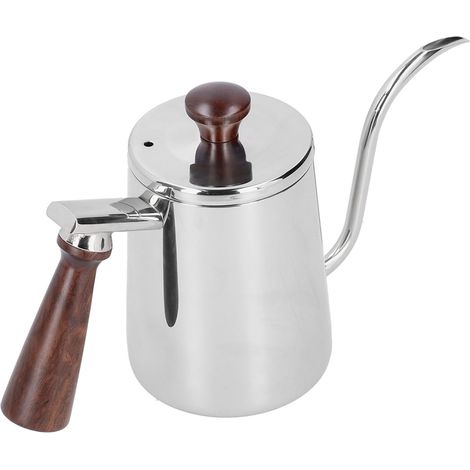 Cafetière portable en acier inoxydable avec poignée en bois et long bec verseur en col de cygne, couleur argent, 700 ml (1/5)