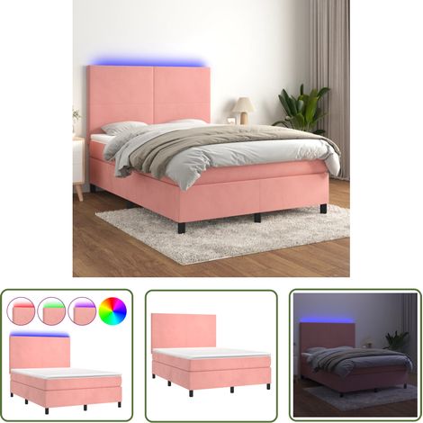 The Living Store Sommier à lattes de lit et matelas LED Rose 140x200 cm Velours - Lit Plateforme - Lit Capitonné - Lit Design - Lit Double - Sommier Tapissier (1/5)
