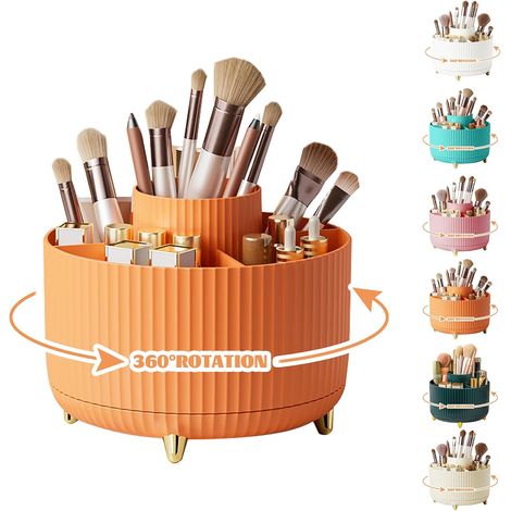 1 - Organisateur Maquillage - Rangement Pinceaux - Rotation 360 Degrés - 5 Compartiments Pour Cosmétiques Et Accessoires - Usage Bureau Et Salle De Bain - Orange - 14x14x13,5cm