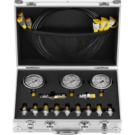 VEVOR Kit per Prova Pressione Idraulica, 250/400/600 Bar, 3 Manometri 11 Giunti di Prova 3 Tubi di Prova, Set di Misuratori Idraulici per Escavatori Trattori Macchine Edili (1/5)