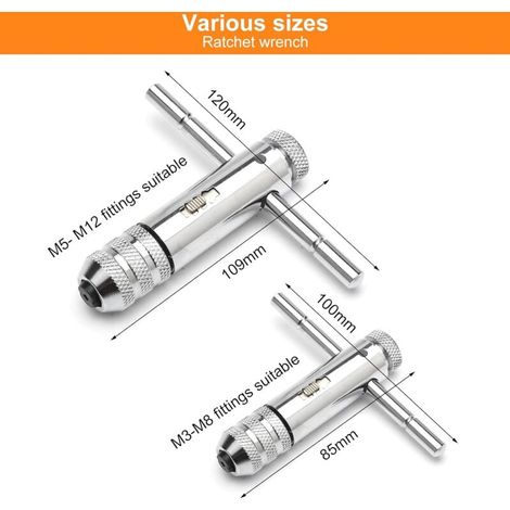 2 Pièces Clé à Tarauder de T Clé à Taraud Réglable Réglable Porte Taraud à Cliquet pour Tarauds Métriques M3-M8/M5-M12 (1/4)