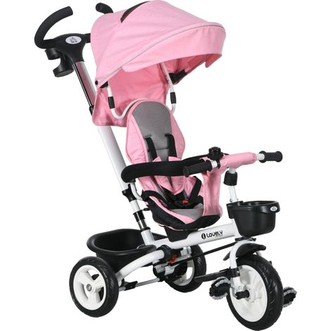 Tricycle enfant 6 en 1 avec barre de poussée, capote, harnais, panier, rose, à partir de 18 mois