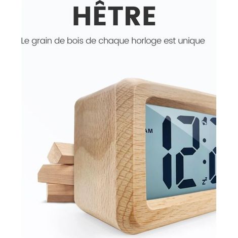 Digitaler Wecker aus Holz, LCD-Digitaluhr ohne Ticken, mit Datums- und Temperaturanzeige, Schlummerfunktion, batteriebetriebene Digitaluhr [3 AAA-Batterien erforderlich] (1/5)