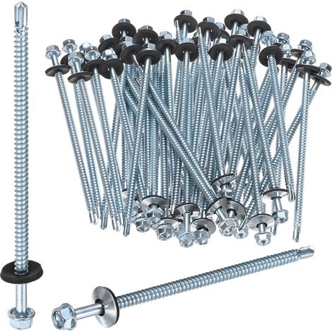 50-Pack Vis Auto-Foreuses Avec Joint En Caoutchouc M5.5 x 104mm En Acier Carbone Zingué À Tête Hexagonale Pour Toiture Métallique/Panneaux De Bardage (1/5)