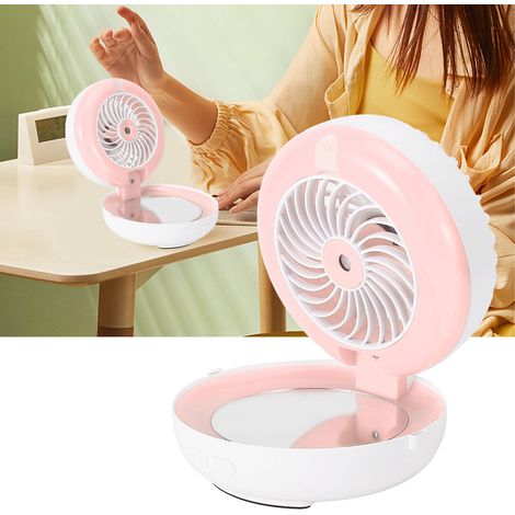 Ventilateur pliable multifonctionnel portable avec miroir de maquillage et humidificateur, rechargeable par USB, rose (1/5)