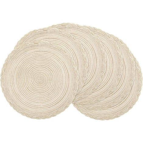 Placemats, Set of 6 Heat-Resistant Braided Placemats, Round Placemats (Round, Cream) (1/4)