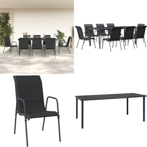 Set da Pranzo da Giardino 9 pz Nero in Acciaio e Textilene - Sedie da giardino - Tavolo da giardino