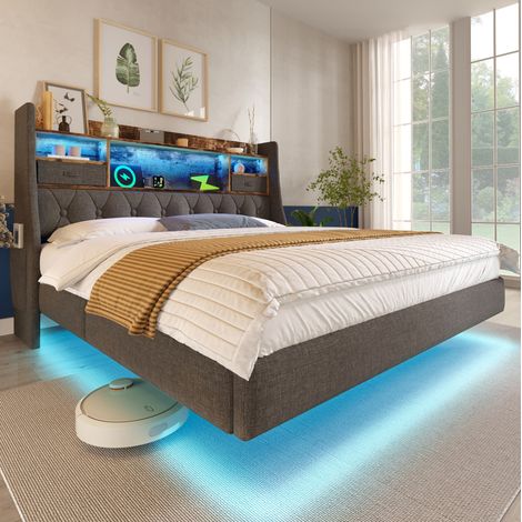 Lit rembourré 160x200 cm en lin gris avec LED, tête de lit avec USB et rangement (1/5)