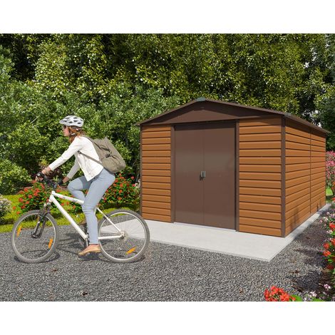 Abri de jardin métal aspect bois 10,46 m² – Hauteur murs 1,80 m – Montage facile avec panneaux préassemblés – Ventilation efficace – Yardmaster (1/5)