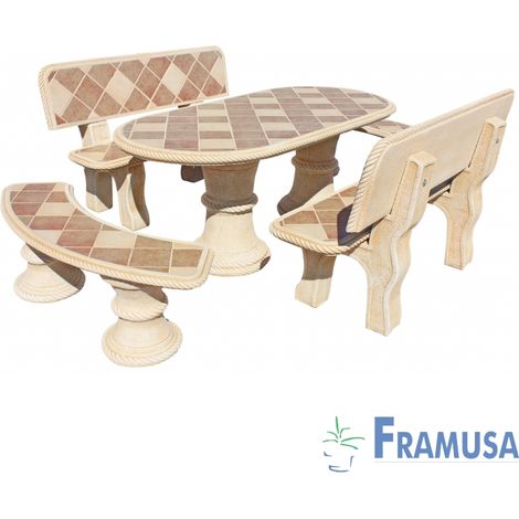 CONJUNTO COMEDOR PIEDRA OVALADO JARDIN OLMO GRES CON AZULEJOS OCRE