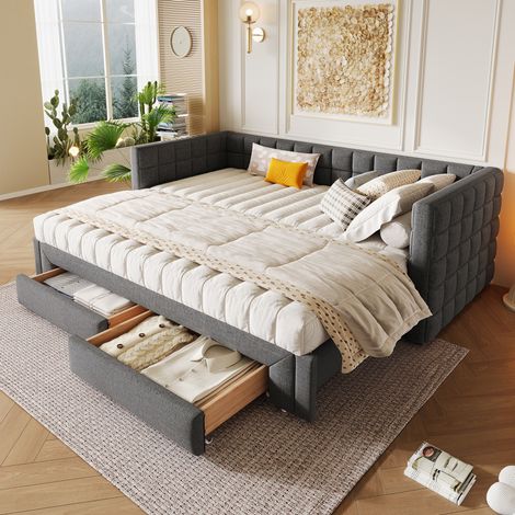 Cama nido moderna 90x200 cm de terciopelo gris, extensible con cabecero cuadrado y 2 cajones (1/5)