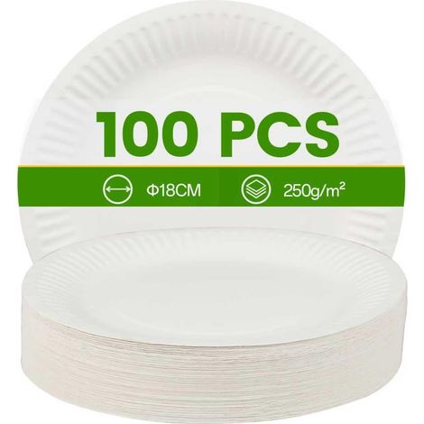 100 Assiettes Carton Blanches – Assiettes Plates 18 cm/7 pouces, Assiette Enfant pour Anniversaire, Fête, Barbecue, Événements (1/5)