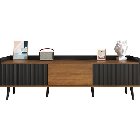 Meuble TV Noir et Bois 160 cm 3 Portes avec Rangement et Bords Surélevés (1/5)