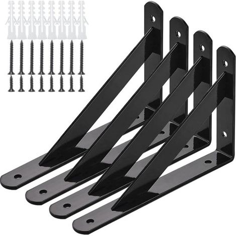 Support d'étagère robuste en 4 parties, support mural en fer en forme de L de 200120 mm avec vis, convient aux étagères flottantes, aux supports de rangement et aux cadres de cloisons fixes, noir. (1/5)