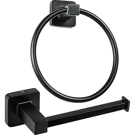 2-Piece Toilet Roll Holder Set, Stainless Steel Towel Ring, Wall-Mounted Toilet Roll Holder, Matte Black (1/5)