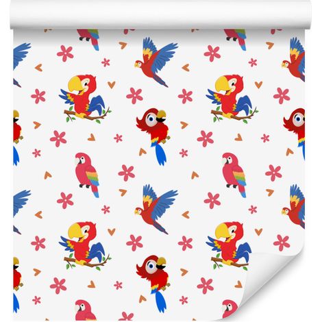 Papier peint perroquets blanc, corail et rouge pour salon et chambre 50x1000 cm (1/5)