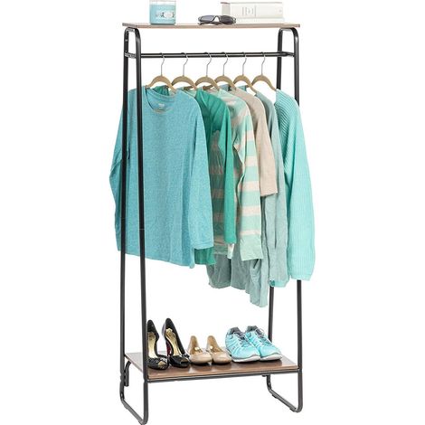 Portant a Vetement en Métal, Penderie avec Étagère en Bois, Porte Manteau, 2 Niveaux, Noir, Solide, pour Chambre, Studio, Dressing, Vêtement & Chaussure, Entrée, Montage Facile