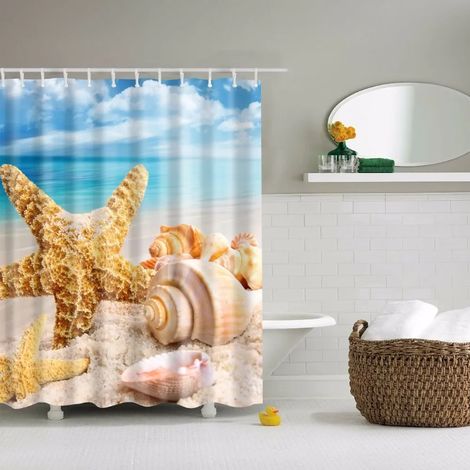 Rideau de douche à motif coquillages, étoiles de mer, conques, palmiers bleus et coucher de soleil, décor de salle de bain, 180 x 210 cm (70 x 83 pouces), 180 x 210 cm (70 x 83 pouces)
