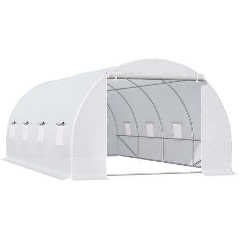Serre de Jardin Tunnel Surface Sol 18 m² 6L x 3l x 2H m châssis Tubulaire renforcé 24 mm 8 fenêtres Blanc