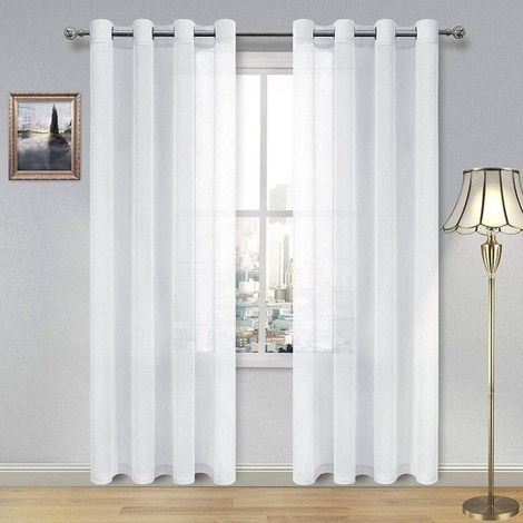 (Weiß) Transparenter weißer Vorhang – 2 Stück – 134 x 210 cm – Leinenoptik – halbtransparent – Fensterdekoration (1/4)