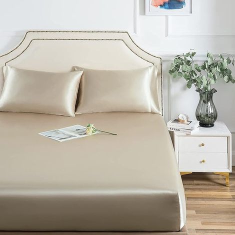 Drap-housse 160x200cm Beige Satin Drap-housse matelas 25cm (1/3)