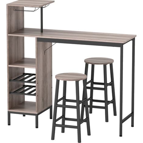 3-teiliges Bartisch-Set mit Stauraum, Flaschen- und Gläserhalter, Grau (1/5)