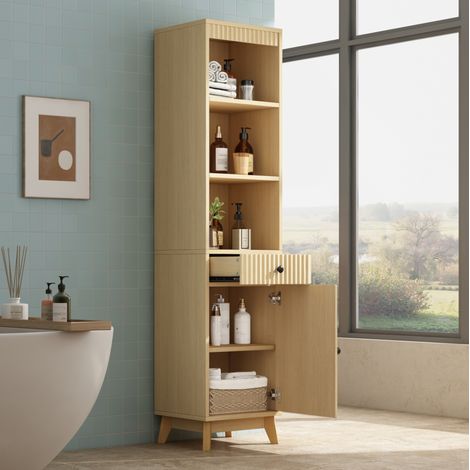 172 cm hoher freistehender Badezimmer-Hochschrank, vertikal geriffelte Fronten mit wendbarem Links-Rechts-Türdesign, mit Schublade, Soft-Close-Scharniere, 40×36×172 cm, naturholzfarben (1/5)