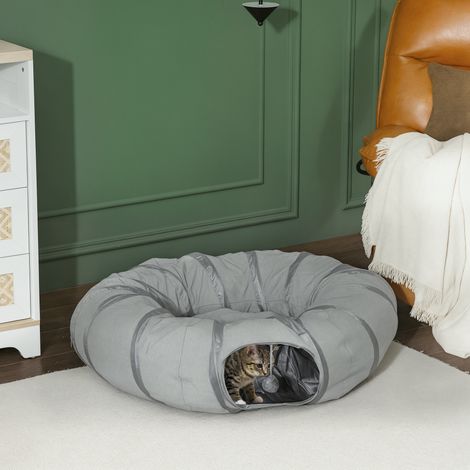 Tunnel pour chat intérieur rond tunnel avec lit et coussin. pliable. avec trous pour balles et judas. Ø 90 x 27 cm gris (1/5)