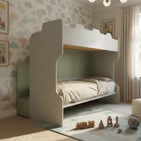 Letto a castello con scala contenitore e terzo letto estraibile - Cameretta salvaspazio - Ecru e Salvia