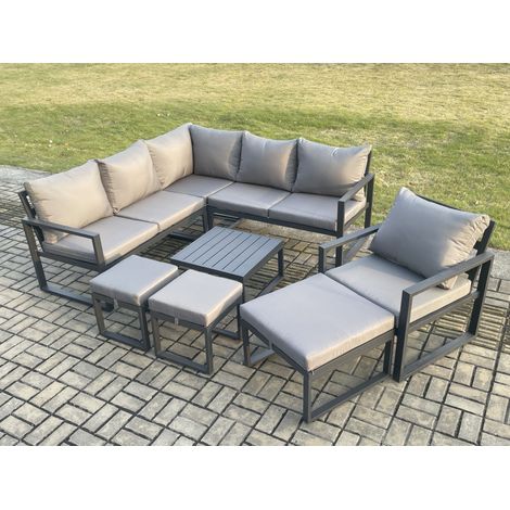 Fimous Outdoor Garden Furniture Set Aluminium Lounge Sofa Square Coffee Table Sets with Chair 3 Footstools Indoor Conservatory Set Dark Grey (1/5)