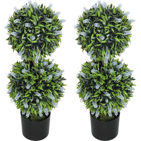 Set of 2 Decorative Artificial Plants Ball Trees Lavender Flowers in Pot Fake Plants for Home Indoor Outdoor Decor, 70cm, Blue (1/5)