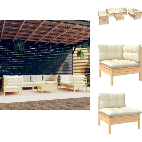 Salon de jardin 8 pcs avec coussins crème Bois de pin massif - Salon De Jardin - Mobilier De Jardin - Ensemble Salon De Patio - Meubles De Terrasse - Chaise Longue (1/5)