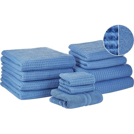 Set of 11 Towels Blue Cotton Low Twist Guest Hand Bath Towel Bath Sheet and Bath Mat AREORA