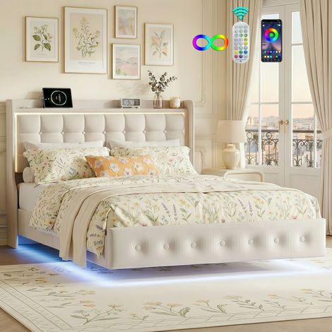Cama doble 160x200 cm - Estructura de cama tapizada con cabecero LED, puertos USB y somier de láminas, cama de matrimonio y juvenil - Beige