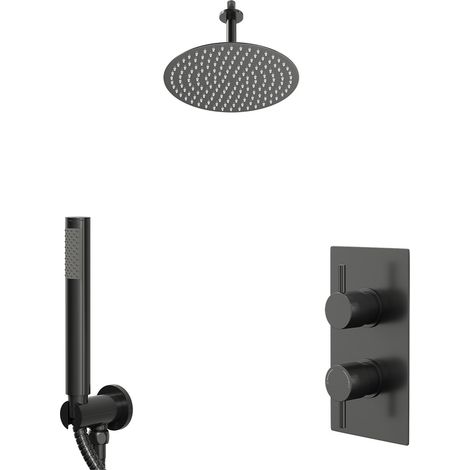 Colore Round Gunmetal Grey Concealed Triple Thermostatic Shower Valve with Diverter and 300mm Fixed Head with 150mm Ceiling Arm and Outlet Holder with Kit - 2 Outlet (1/5)