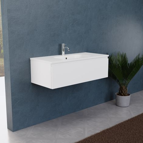 Inda - Badezimmerschrank B.100 mit mattem Waschbecken / Mattweiß 1 Schublade - Rubin (1/5)