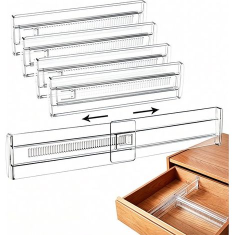 Verstellbare Schubladeneinteiler – ausziehbar von 28,8 bis 50,5 cm – 8 cm hoch – transparent – 4er-Pack – rutschfeste Schaumstoff-Endkappen (1/5)