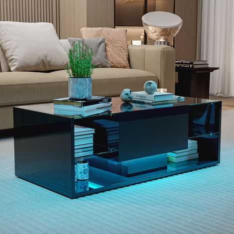 Table basse suspendue LED noire – verre trempé brillant, double rangement, éclairage app/télécommande, style nordique (1/5)