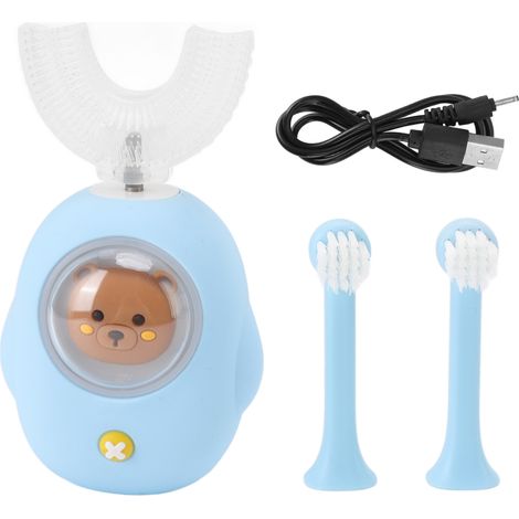Brosse à dents électrique en U pour enfants, rechargeable USB, silicone alimentaire, fonction minuterie LED, étanche, bleue (1/5)