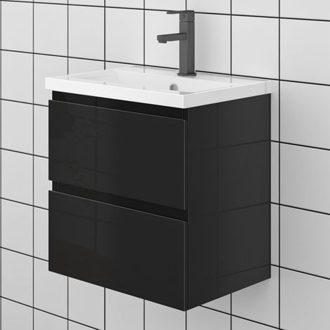 50 cm Badezimmermöbel Set Unterschrank 2 Schubladen Schwarz Hochglanz soft close Selbstmontierter Unterschrank keramik waschtisch (1/5)