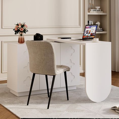 MODFU – Scrivania angolare girevole 360° 110 cm in MDF con 3 armadietti, ripiani regolabili, cerniere ammortizzate e piano ribaltabile – Bianco (1/5)