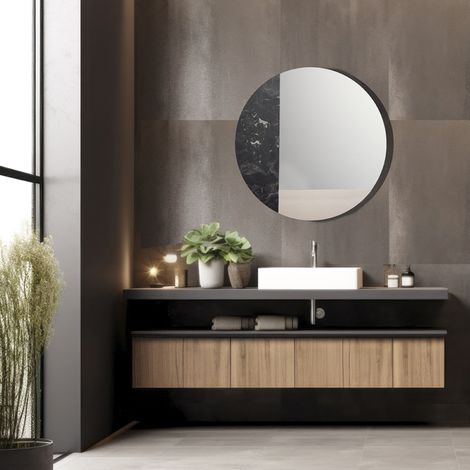Specchio rotondo 80 cm marmo laminato nero e foglia argento - THOMAS (1/3)