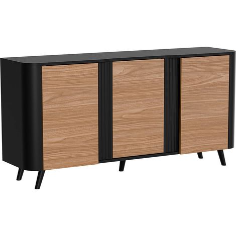 Buffet Loreo, buffet de salon à trois portes battantes et compartiments intérieurs, surélevé du sol, 151 x 42 x 70 cm, noir et noyer (1/4)