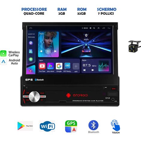DISCORAMA® AUTORADIO ANDROID 1DIN SCOMPARSA STEREO AUTO 7″ 2/32GB WIFI CARPLAY ANDROID AUTO (1/5)