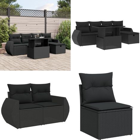 Salon de jardin 6 pcs avec coussins noir résine tressée - Ensemble Salon De Jardin - Mobilier De Jardin - Table Extensible - Chaise Lounge - Set De Jardin - Home & Living (1/5)