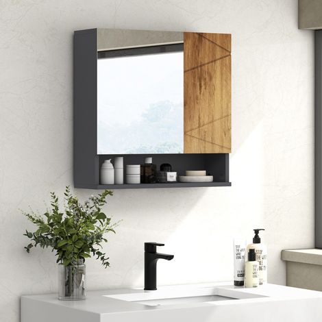 Armoire murale miroir de salle de bain placard de rangement 2 portes 55 x 17 x 55 cm naturel gris foncé (1/5)