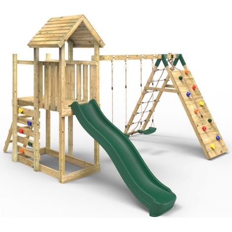 Rebo Extended Tower Wooden Climbing Frame with Swings & Slide - Greenhorn